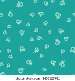 Green Paper glass with drinking straw and donut icon isolated seamless pattern on green background. Soda aqua drink sign. Fast food menu.  Vector Illustration