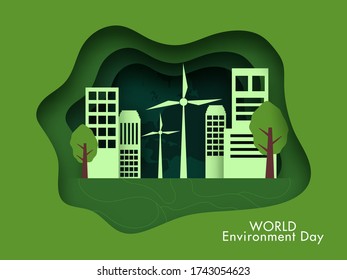 Green Paper Layer Cut Background with Trees, Buildings and Windmills for World Environment Day Concept.