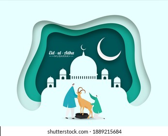 Grünes Papier Schicht Schneide Hintergrund mit Crescent Moon, Moschee und muslimischen Männern halten ein Cartoon Ziege auf der Okcasion von Eid-Ul-Adha Mubarak.