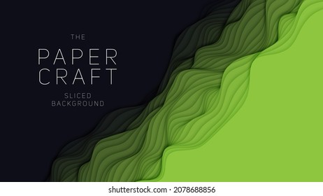 Green paper layers. 3D abstract gradient papercut. Colorful origami shape concept