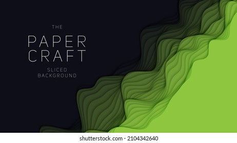 Green paper layers. 3D abstract gradient papercut. Colorful origami shape concept