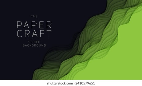 Green paper layers. 3D abstract gradient papercut. Colorful origami shape concept