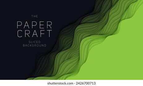 Green paper layers. 3D abstract gradient papercut. Colorful origami shape concept