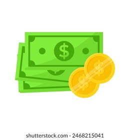 Green paper money and golden dollars flat vector illustration isolated on white background