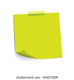 green paper note and adhesive tape with curled corner, ready for your message. Vector illustration. Isolated on white background. Front view. Top view. Close up.
