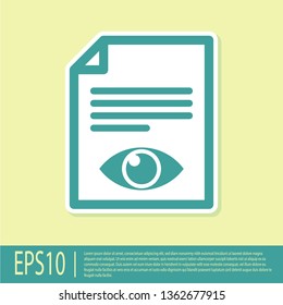Green Paper page with eye symbol icon isolated on yellow background. Open information file sign. Vector Illustration