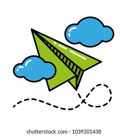 Green paper plane with blue clouds black outline