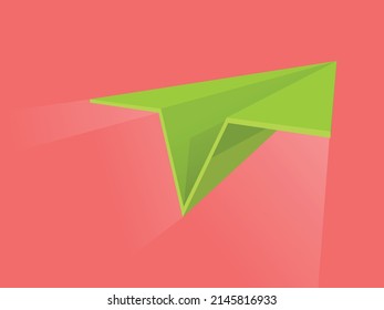 green paper plane flies on a red background
