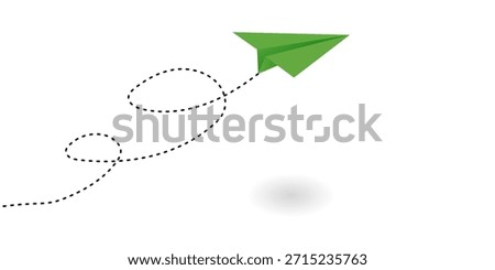 Green Paper Plane Flying with Dashed Trajectory Line. Concept of Business Startup, Goal, and Direction., Green Innovation Journey Concept The Environment Paper Plane Flying with Sustainable Path Line.