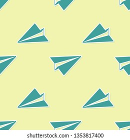Green Paper plane icon isolated seamless pattern on yellow background. Paper airplane icon. Aircraft sign. Flat design. Vector Illustration