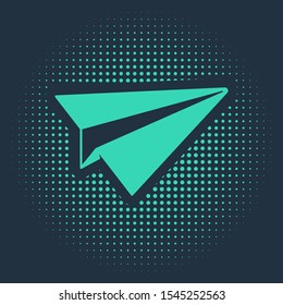 Green Paper plane icon isolated on blue background. Paper airplane icon. Aircraft sign. Abstract circle random dots. Vector Illustration