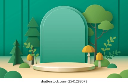 Green paper podium with arch wall eco background. Summer garden banner design with platform, leaves, tree and mushroom. Special cosmetic promotion ecology environmental landscape 3d showcase