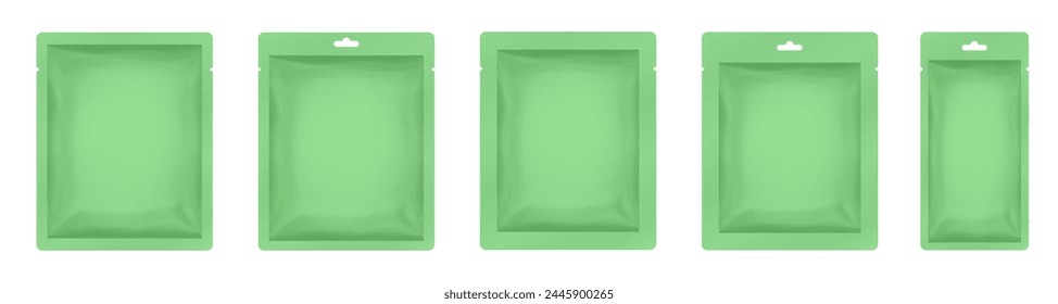 Green paper sachet or pouch. Vector bags mockup, wet wipes paper or foil packs. Cosmetics samples. Moisturizing sheet face mask	