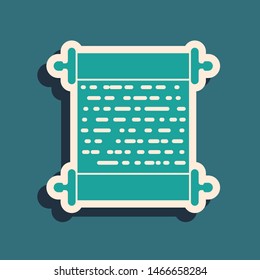 Green Paper scroll icon isolated on blue background. Canvas scroll sign. Long shadow style. Vector Illustration