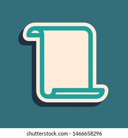 Green Paper scroll icon isolated on blue background. Canvas scroll sign. Long shadow style. Vector Illustration