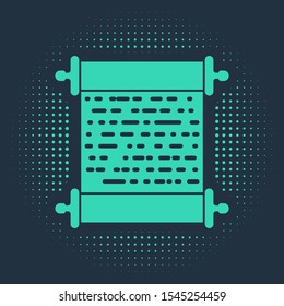 Green Paper scroll icon isolated on blue background. Canvas scroll sign. Abstract circle random dots. Vector Illustration