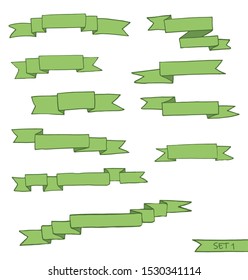 Green paper scrolls and ribbon banners. Hand drawn sketch. Vector illustration isolated on white background