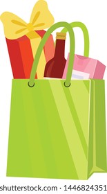 Green Paper Shopping Bag with Bottle of Wine and Gifts, Present Package for Birthday, Xmas, Anniversary Celebration Vector Illustration