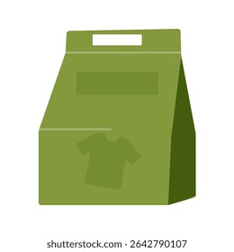 Green paper shopping bag designed for clothing with a shirt graphic on its side