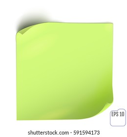 Green Paper sticker with shadow. Blank web banner or curl label on white background. Vector white post note for advertising design.. For your business project.