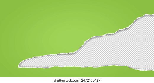 Green paper strip with torn edge and soft shadow is on squared background for text or ad.