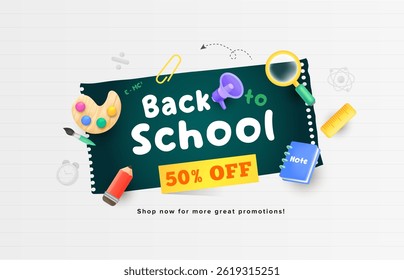 Green paper style back to school background design concept. 3d sale concept stationery elements. Vector illustration template for banner, web and promotion.
