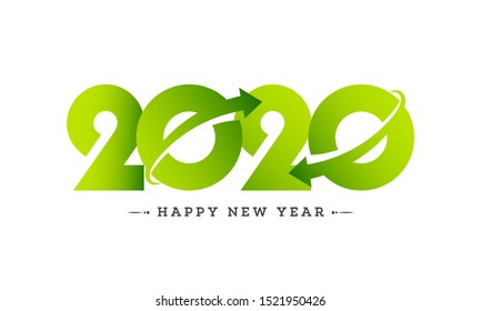 Green paper text 2020 with rotating arrow on white background for Happy New Year celebration greeting card design.