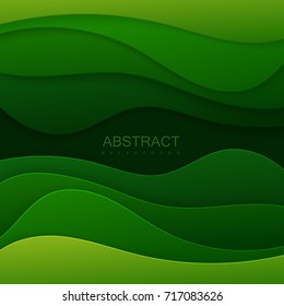 Green paper topographic relief. Abstract paper cut background. Realistic papercut decoration textured with wave layers. Origami art. Vector 3d illustration. Material design. Template for design