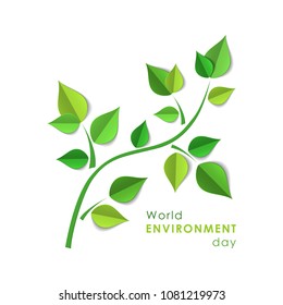 Green paper tree branch. Paper cutout green leaves. World Environment Day, June 5. Eco friendly symbol. Ecology, nature protection concept. Template for banner, poster, leaflet. Vector illustration