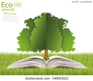 Green paper tree growing from an open book. The concept of ecology, to save the planet. Eco friendly. Open book legit on the grass. Vector illustration modern design template