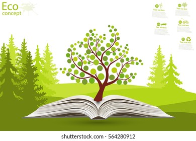 Green paper tree growing from an open book. The concept of ecology, to save the planet. Eco friendly. Open book legit on the grass. Vector illustration modern design template