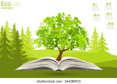 Green paper tree growing from an open book. The concept of ecology, to save the planet. Eco friendly. Open book legit on the grass. Vector illustration modern design template