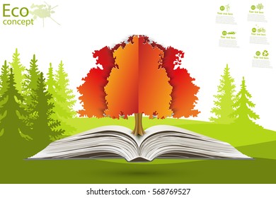 Green paper tree growing from an open book. The concept of ecology, to save the planet. Eco friendly. Open book legit on the grass. Vector illustration modern design template