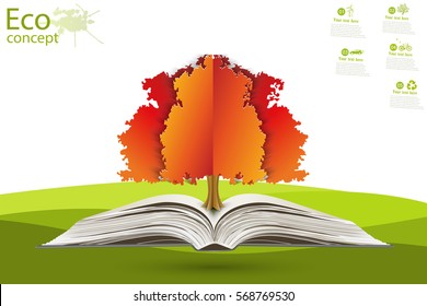 Green paper tree growing from an open book. The concept of ecology, to save the planet. Eco friendly. Open book legit on the grass. Vector illustration modern design template