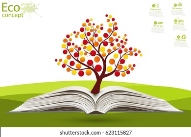 Green paper tree growing from an open book. The concept of ecology, to save the planet. Eco friendly. Open book legit on the grass. Vector illustration modern design template