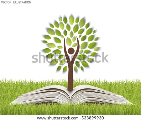 Green paper tree growing from an open book. The concept of ecology, to save the planet. Eco friendly. Open book legit on the grass. Vector illustration modern design template