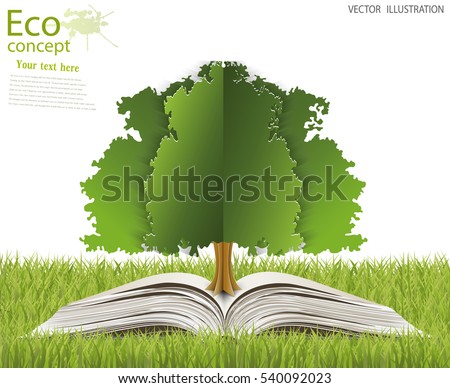 Green paper tree growing from an open book. The concept of ecology, to save the planet. Eco friendly. Open book legit on the grass. Vector illustration modern design template