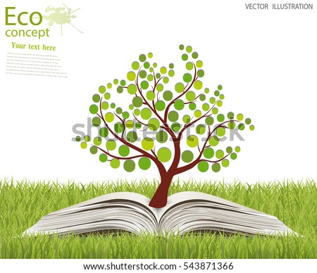 Green paper tree growing from an open book. The concept of ecology, to save the planet. Eco friendly. Open book legit on the grass. Vector illustration modern design template