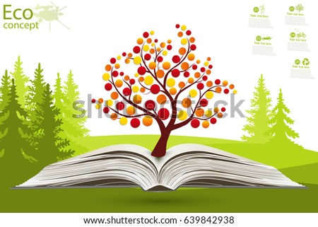 Green paper tree growing from an open book. The concept of ecology, to save the planet. Eco friendly. Open book legit on the grass. Illustration modern design template