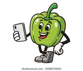 green Paprika bell pepper with gadget cartoon mascot illustration character vector clip art hand drawn