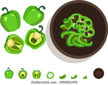 Green Paprika whole sliced and chopped on a brown bowl vector illustration