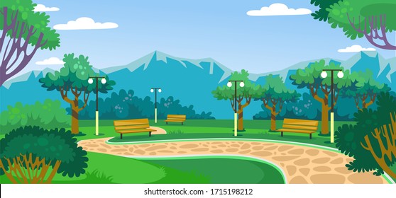 Green park with beautiful landscape and mountains vector illustration. Benches, trees, alley and street lamps cartoon design. Outdoor rest zone concept