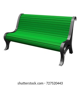 Green Park bench with wooden slats painted on metal supports, vector illustration on white background
