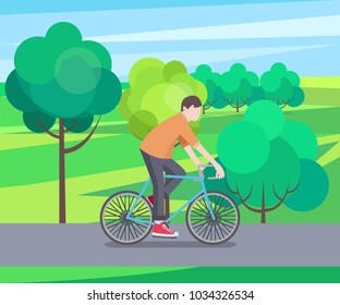 Green park and biking man vector illustration with green grass, trees and bushes grey road active rest, orange t-shirt and black trousers red sneakers