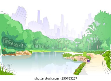 green park in city center pond trees and road path sketch vector illustration