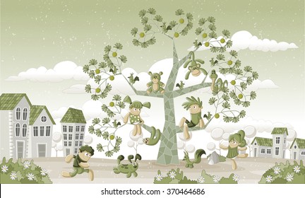 Green park in the city with children and animals over a tree.