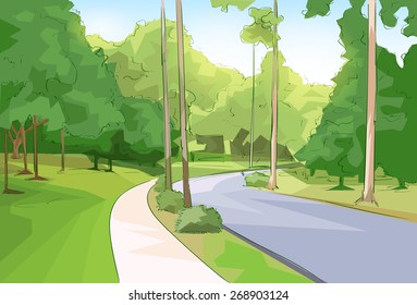 Green Park Forest Road Modern City Vector Illustration