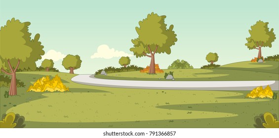 Parque verde com grama e árvores. Paisagem da natureza.