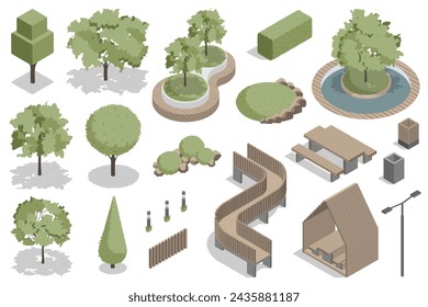 Green park isometric elements constructor mega set. Creator kit with flat graphic trees and bushes for landscaping, wooden benches, fence, lantern, trash bin. Vector illustration in 3d isometry design