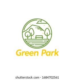 Green Park Logo, Garden, Farm Logo. with Concept Mount, Tree, River, Cloud. Line Circle Shape Logo